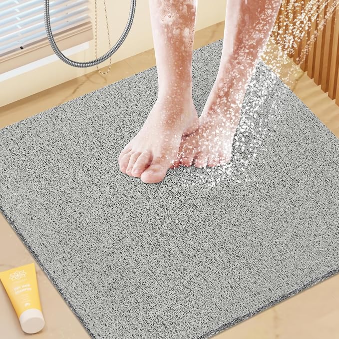 Shower Mat Bathtub Mat Non-Slip,24x24 inch, Soft Tub Mat with Drain,PVC Loofah Bath Mat (Phthalate Free) for Tub and Bathroom,Quick Drying,Grey