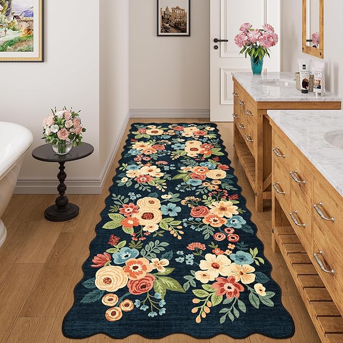 DUKINO 3x8 Washable Runner Rug, Soft Indoor Floral Non Slip Long Runner Rug for Hallways, Lightweight & Low Pile Floor Carpet for Kitchen, Entryway, Hallway, Bathroom, Laundry, Bedroom, Navy Blue