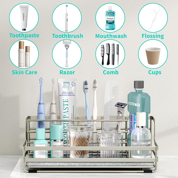 HapiRm Toothbrush Holders for Bathroom - 5 Partitions Bathroom Counter Organizer with Instant Drying Stone, Stainless Steel Countertop Storage Electric Toothbrush Toothpaste Holder - Brushed Nickel