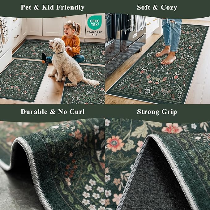 3 Piece Kitchen Rug Set, Washable Non-Slip Kitchen Mats for Hardwood Floor, Boho Farmhouse Kitchen Runner Rug for Sink,Entryway & Hallway & Bathroom (Dark Green, 2x3+2x4+2x5)
