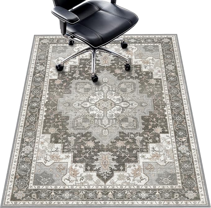 36"x48" Office Chair Mat for Hardwood Tile Floor, Under Desk Carpet Protector for Rolling Computer Chair Mat, Machine Washable Area Rug, Anti-Slip 1/5" Thick Low Pile Thin Vinyl Floor Mat, Tawny Grey