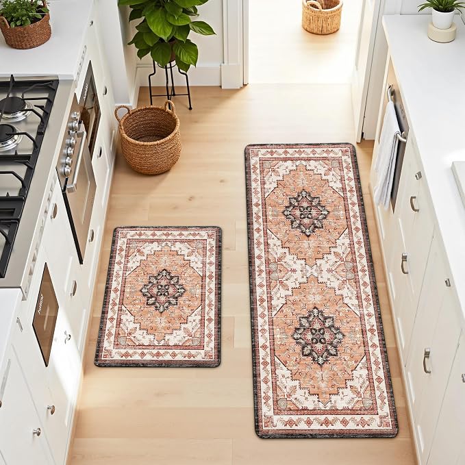 Boho Kitchen Mats for Floor 2 Piece Set Anti Fatigue Cushioned PVC Kitchen Rugs Non Slip Waterproof Farmhouse Mats 2/5 Inch Comfort Standing Mat for Sink, Laundry, 17.3"x47"+17.3"x28", Orange