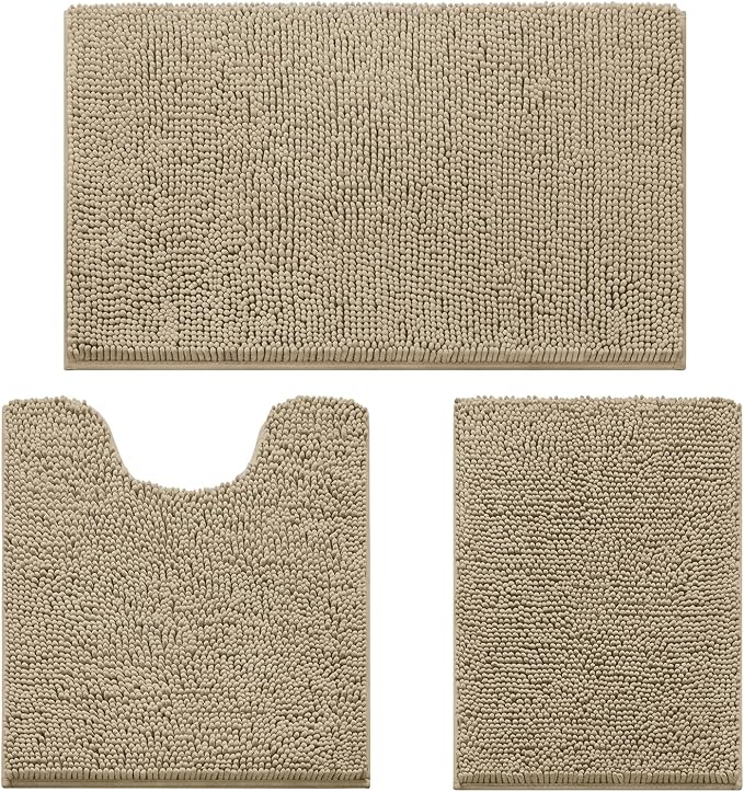 HOMEIDEAS 3 Pieces Bathroom Rugs, Ultra Soft Non Slip Absorbent Chenille Toilet Bath Mat Set (Taupe)