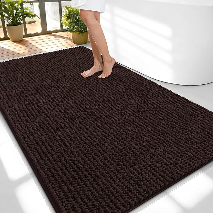 OLANLY Thick Large Bathroom Rugs 59x35, Extra Soft Absorbent Chenille Bath Rugs, Rubber Backing, Machine Wash Dry, Bath Mats for Bathroom Floor, Tub and Shower, Home Decor Accessories, Brown