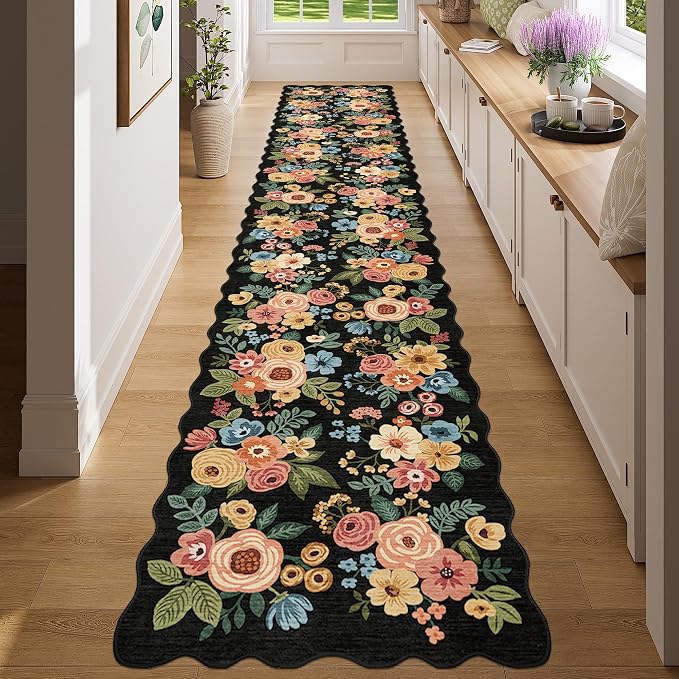 DUKINO 2.6x14 Runner Rug for Hallway, Non Slip Floral Washable Kitchen Rug with Low Pile Design, Boho Stain Resistant Floor Carpet Runner for Entryway, Bathroom, Laundry, Bedroom, Black