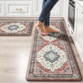 Boho Kitchen Mats for Floor 2 Piece Set Anti Fatigue Cushioned PVC Kitchen Rugs Non Slip Waterproof Farmhouse Mats 2/5 Inch Comfort Standing Mat for Sink, Laundry, 17.3"x47"+17.3"x28", Taupe Red