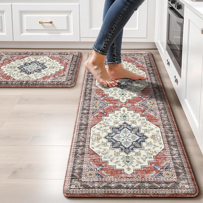 Boho Kitchen Mats for Floor 2 Piece Set Anti Fatigue Cushioned PVC Kitchen Rugs Non Slip Waterproof Farmhouse Mats 2/5 Inch Comfort Standing Mat for Sink, Laundry, 17.3"x47"+17.3"x28", Taupe Red