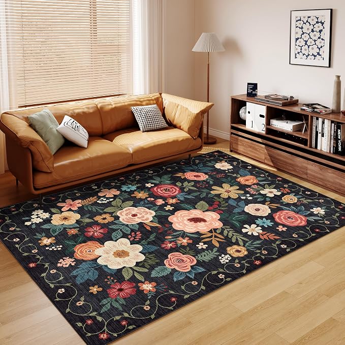 DUKINO Washable 5x8 Area Rug for Living Room, Lightweight Non Slip Floral Bedroom Rug with Non Shedding Design, Soft Low Pile Large Indoor Carpet for Dining Room, Kids Playroom, Nursery, Office, Black