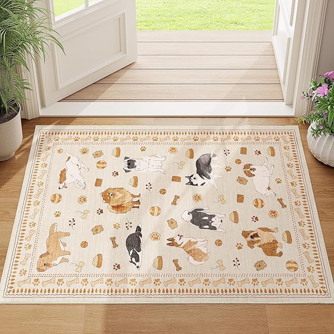 DUKINO 2x3 Entryway Rug, Washable Small Door Mat Indoor Entance Lightweight Area Rug with Non Slip, Low Pile & Non Shedding Animal Dog Carpet for Kitchen, Bathroom, Bedroom, Kids Room, Beige Yellow