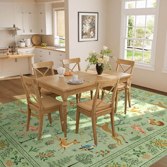 DUKINO 6x9 Rug, Washable Animal Living Room Rug with Non Slip Vintage Design, Soft Low Pile Large Carpet for Bedroom, Nursery, Dining Room, Farmhouse, Playroom, Light Green