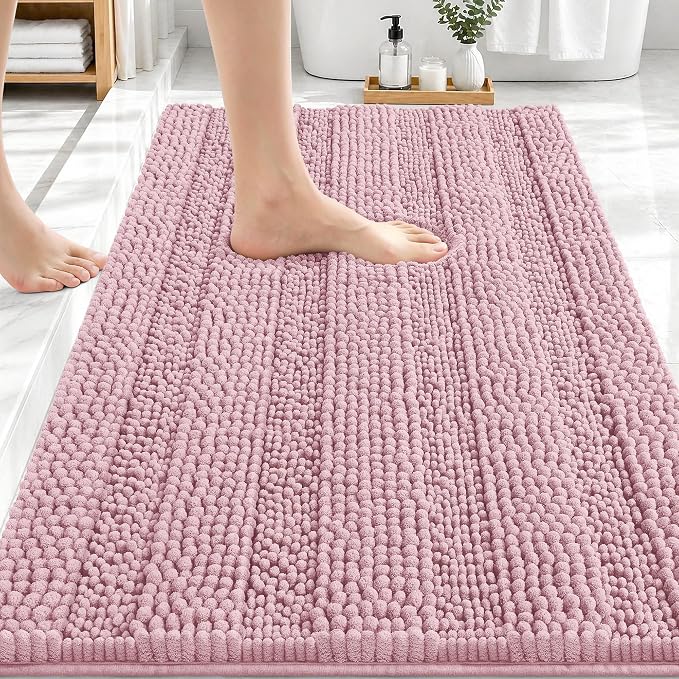 OLANLY Thick Bathroom Rugs 30x20, Extra Soft Absorbent Chenille Striped Bath Rugs, Rubber Backing, Machine Wash Dry, Bath Mats for Bathroom Floor, Tub and Shower, Home Decor Accessories, Dusty Rose