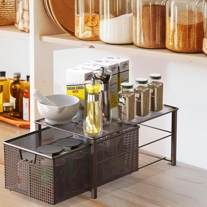 Deco Brothers Stackable Pull Out Cabinet Sliding Basket with Dividers, Large, Bronze