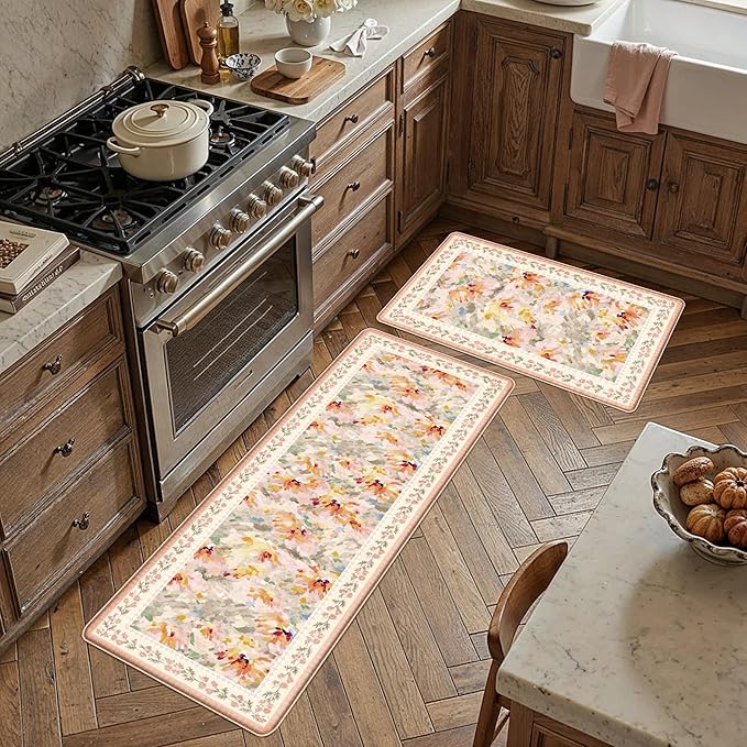 Anti Fatigue Kitchen Mats 2PCS Thick Non Slip Cushioned Rugs Beige Abstract Floral Waterproof Comfort Standing Mats for Floor Sink Laundry Office 17.3"×47"+17.3"×30"