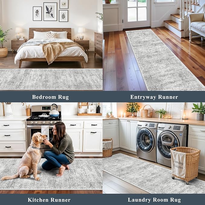 Runner Rug 2x8 Washable Hallway: Non Slip Kitchen Runners with Rubber Backing Vintage Farmhouse Neutral Boho Cream Soft Carpet for Bathroom Bedroom Entryway, Grey/Ivory