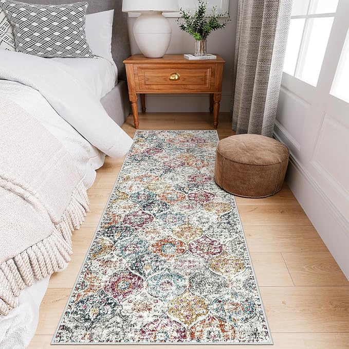 Lahome Moroccan Trellis Hallway Runner Rug, 2x6 Kitchen Runner Rugs Non Skid Washable, Vintage Laundry Room Rug Ultra-Thin Long Carpet for Bathroom Bedroom Entryway Elise, Aqua/Multi