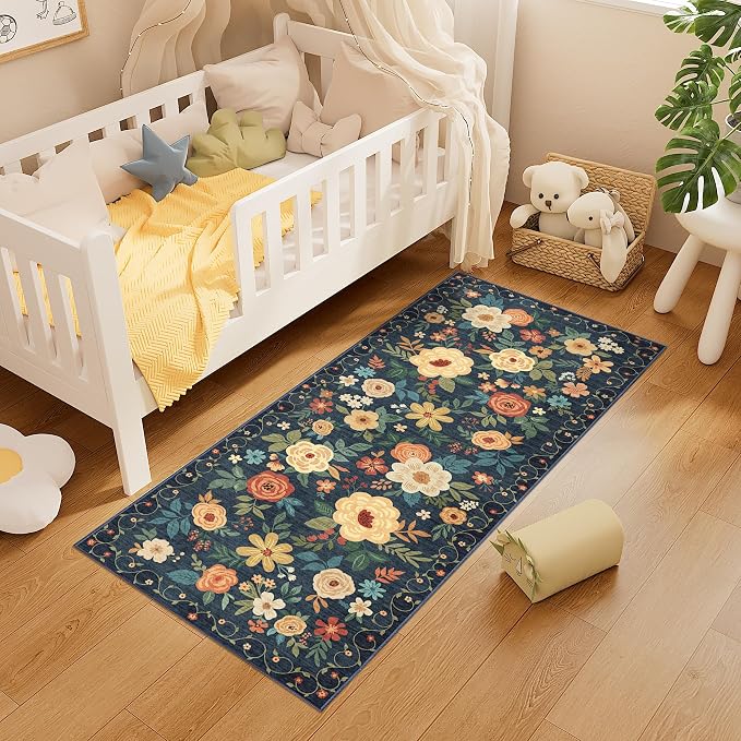 DUKINO 2x5 Runner Rug for Hallway, Washable Kitchen Floral Runner Rug with Non Slip Backing, Low Pile Soft Boho Carpet for Kitchen, Hallway, Entryway, Laundry, Bedroom, Navy Blue