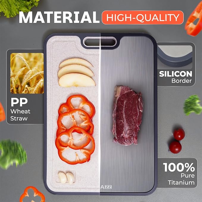 Titanium cutting board for kitchen use. Non-toxic, food-safe, and easy to clean. 2-in-1 double-sided design for meat & veggies. Includes knife sharpener & 2 peelers. Large 16” x 11”.