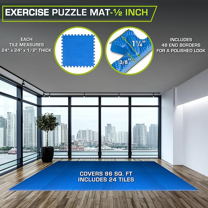 ProsourceFit Exercise Puzzle Mat 1/2-inch, EVA Interlocking Foam Floor Tiles for Home Gym, Workout Equipment, Kids Play Areas, Blue, 96 SQ FT - 24 Tiles