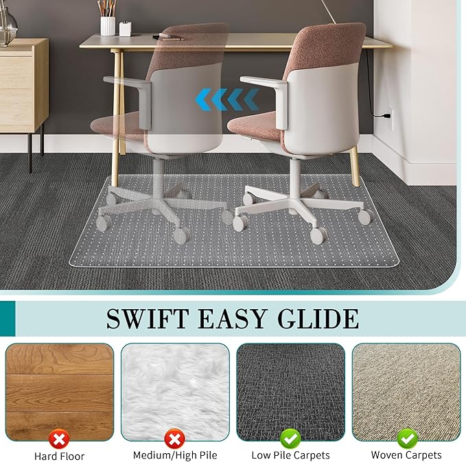 BesWin Office Chair Mat for Carpets, 36" x 48" Low Pile Carpet Protector Mat for Office Chair, Heavy Duty Computer Desk Floor Mat for Carpeted Floors for Home/Offices, Easy Glide(48" x 36" with Lip)