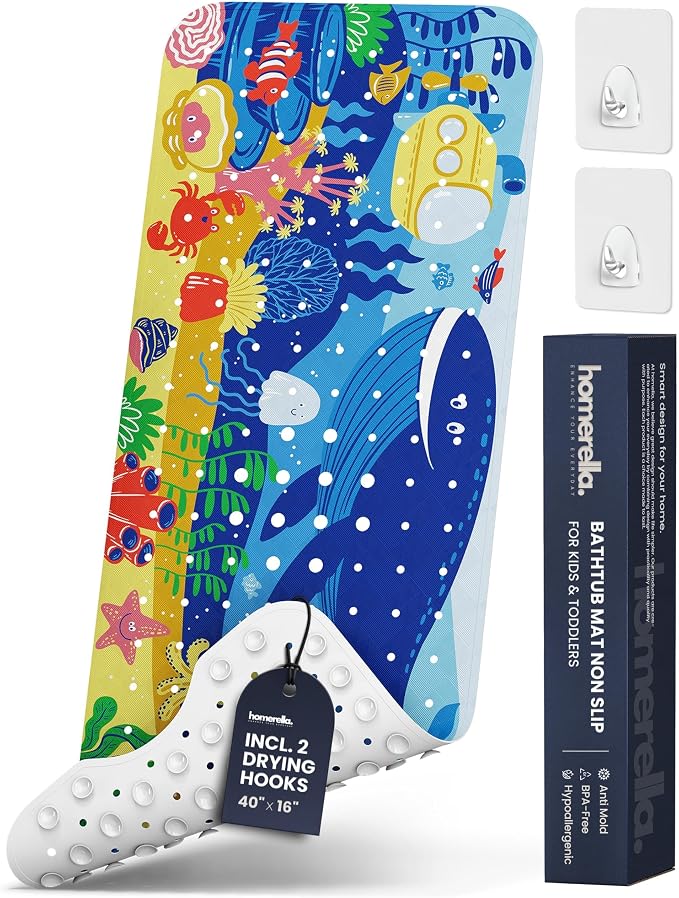 Bath Tub Mat Non Slip Anti Mold for Kids BPA Free INCL Hooks - homerella® Ocean Sea Animals 40x16, Baby Bath Mat Non Slip 200 Suction Cups, Non Toxic Machine Washable Toddler Bath Mat, EU Certified