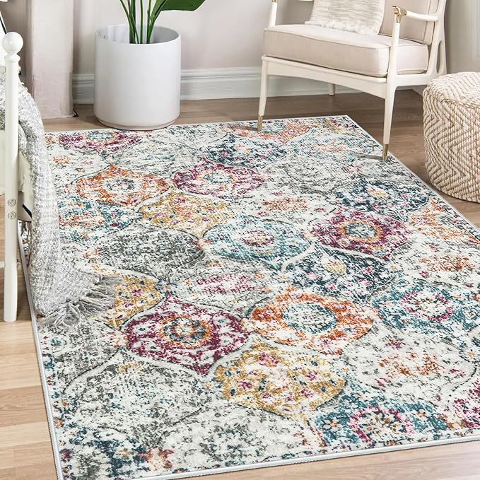 Lahome Moroccan Trellis Washable Small Area Rug, 3x5 Black Rug for Bedroom Living Room, Non-Slip Oriental Accent Throw Carpet for Kitchen Office Entryway Bathroom Office Elise, Aqua/Multi