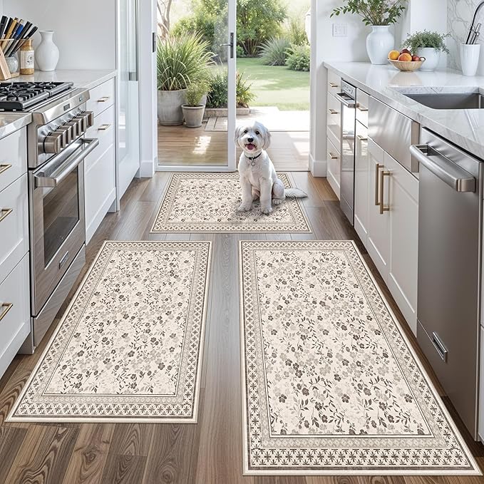 3-Piece Kitchen Rugs Set for Floor, Washable Non-Slip Farmhouse Kitchen Mats for Hardwood Floor, Rustic Floral Boho Runner Rug for Sink,Entryway & Hallway & Bathroom (Beige/Brown/Floral,2x3-2x4-2x5)