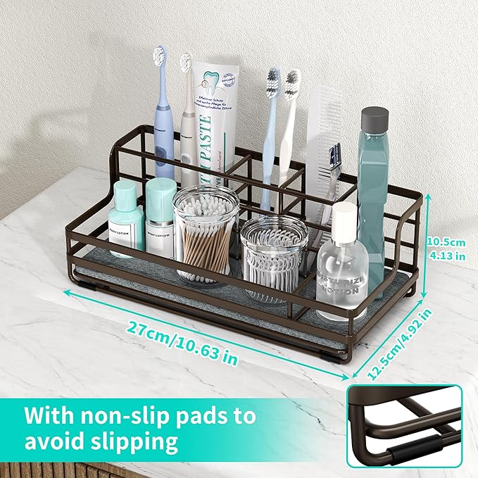 HapiRm Toothbrush Holders for Bathroom - 5 Partitions Bathroom Counter Organizer with Instant Drying Stone, Stainless Steel Countertop Storage Electric Toothbrush Toothpaste Holder - Bronze