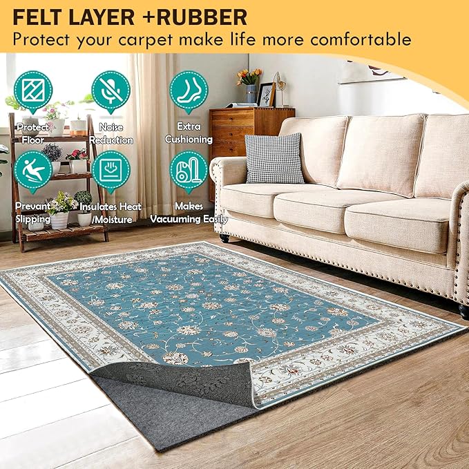 Waterproof Rug Pad 9x12 Ft, 1/4" Thick Under Area Carpet Padding, Non Slip Felt Rug Pads for Hardwood Floors, Protective Underlay Keeps Rugs in Place Without Wrinkles