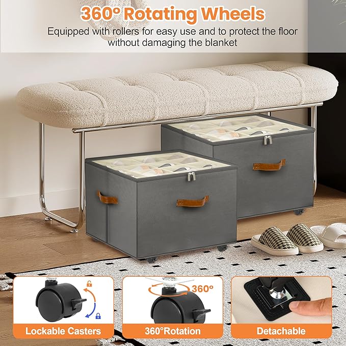 Foyego Shoe Organizer for Closet, 2 Pack Shoe Storage Organizer with Wheels and Adjustable Dividers, Stackable Shoe Storage Box with Clear Cover, Closet Shoe Organizer Fits up to 16-32 Pairs, Gray