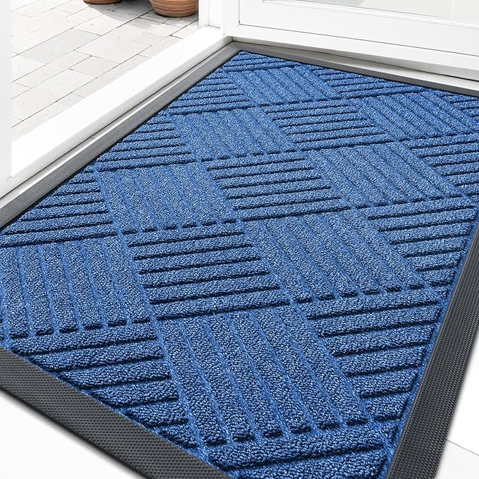 OLANLY Front Door Mat Outside Entrance 29.5x17, Absorbent, Heavy Duty Sturdy Natural Rubber Doormat Indoor Outdoor, Stain Fade Resistant, Non-Slip Low Profile Floor Mat Entryway, Ocean Blue Diamond