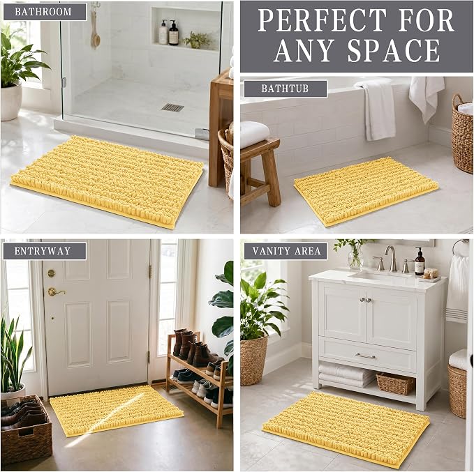Yimobra Bathroom Rugs Non Slip Washable - Ultra Soft Absorbent Chenille Bath Mat, Quick Dry Shaggy Floor Carpet for Tub Shower, Yellow Home Decor Accessories, 24x17 Inch