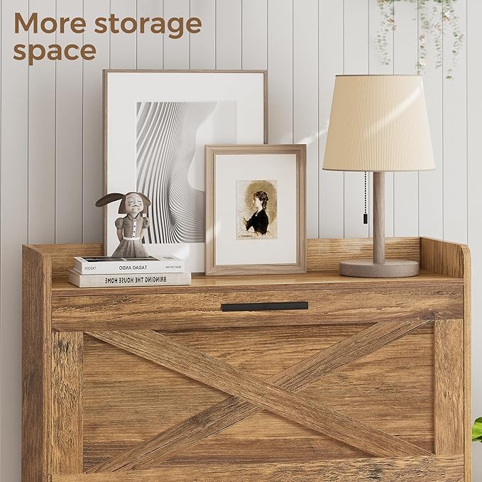 Homleke 32" W Farmhouse Shoe Storage Cabinet with 2 Flip Drawers and Barn Door Design, Adjustable Shelves, Hidden Slim Narrow Shoe Rack Cabinet for Entryway, Foyer, Hallway, Living Room, Rustic Walnut