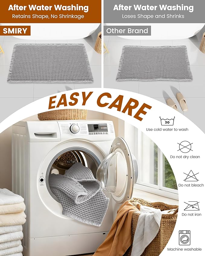 Smiry Waffle Bath Mat 24x16, Extra Soft Absorbent Bathroom Rugs, Non Slip Machine Washable Quick Dry Bath Rugs for Bathroom Floor, Tub, Shower, Home Decor Accessories, Light Grey