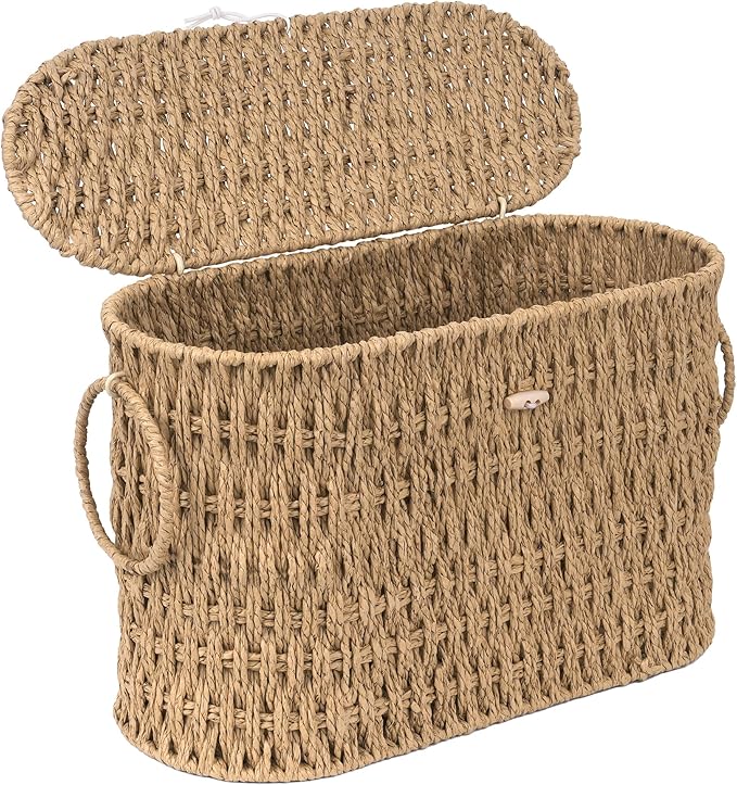 efluky Toilet Paper Storage Basket, Paper Rope Slim Toilet Paper Holder with Lid- Holds Up to 9 Mega Rolls, Home Bathroom Decor Organizer