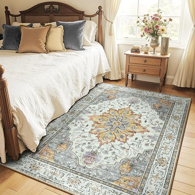 RELEANY Area Rugs 4'x5' Washable Non-Slip, Floral Vintage Distress Medallion Carpet for Living Room Bedroom Dining Room, Beige Carbon Grey Orange