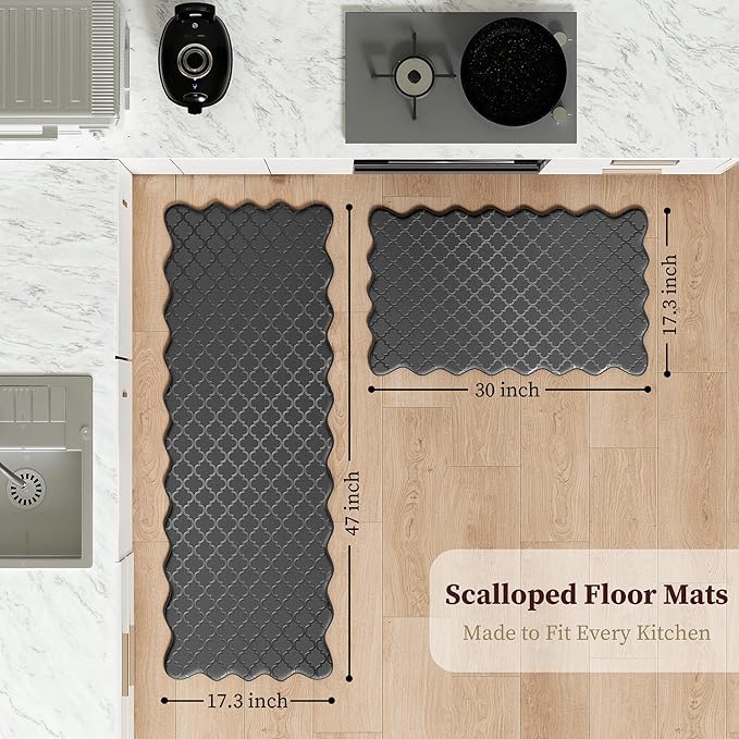 Arenarug Upgrade Scalloped Embossed Kitchen Mats for Floor 2PCS Cushioned Anti Fatigue Waterproof Foam Kitchen Rugs Non Slip Washable Comfort Standing Mat for Office Sink Laundry, Black