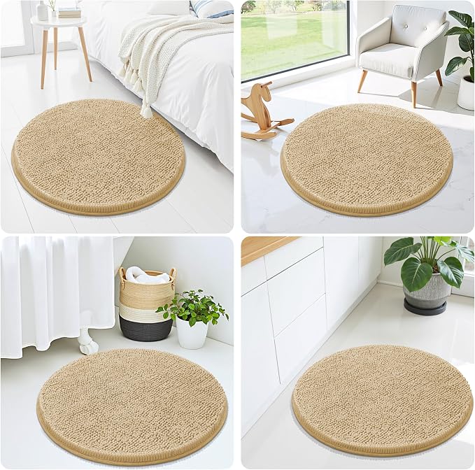 Smiry Luxury Chenille Round 24x24, Extra Soft and Absorbent Shaggy Bathroom Mat Rugs, Machine Washable, Non-Slip Plush Carpet for Tub, Shower, and Bath Room, Beige