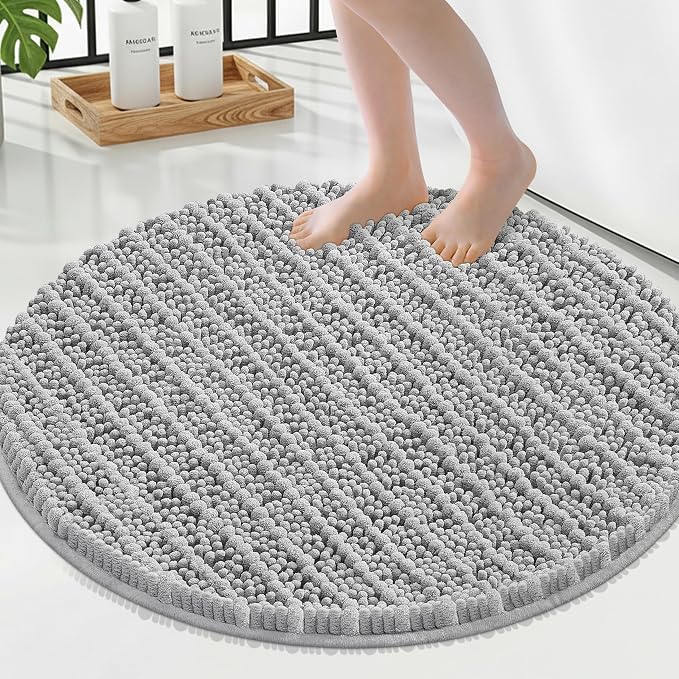 Smiry Bathroom Rugs Mat Round 24x24, Soft Absorbent Chenille Bath Rugs, Non Slip Rubber Backing Machine Washable Quick Dry Bath Mats for Bathroom Floor, Tub, Shower, Home Accessories, Light Grey