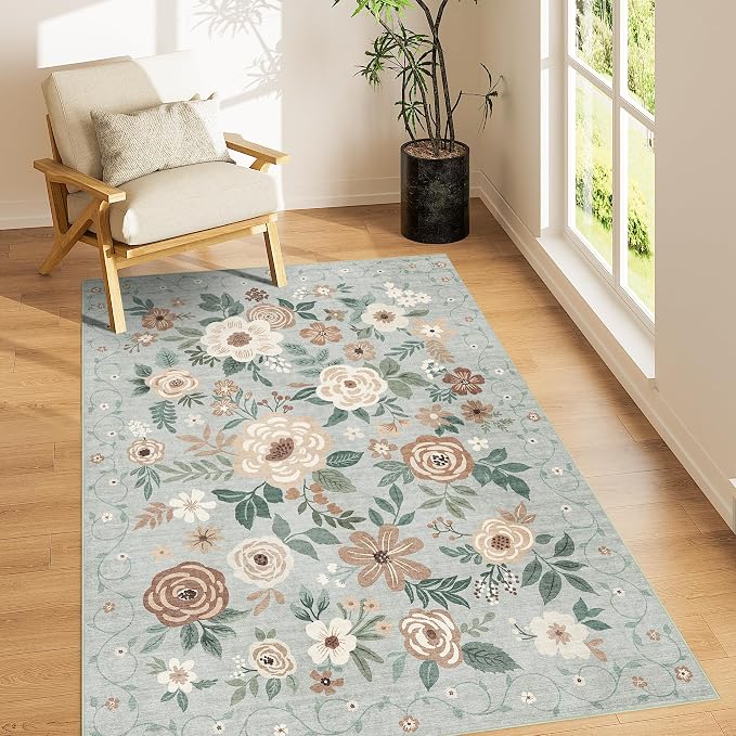 DUKINO 4x6 Feet Office Chair Mat, Lightweight Non Slip Washable Floral Area Rug, Indoor Low Pile & Non-Shedding Boho Design Rugs for Bedroom, Living Room, Dining Room, Sage Green