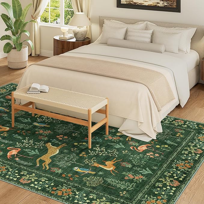 DUKINO 9x12 Rug, Washable Animal Living Room Rug with Non Slip Vintage Design, Soft Low Pile Large Carpet for Bedroom, Nursery, Dining Room, Farmhouse, Playroom, Green