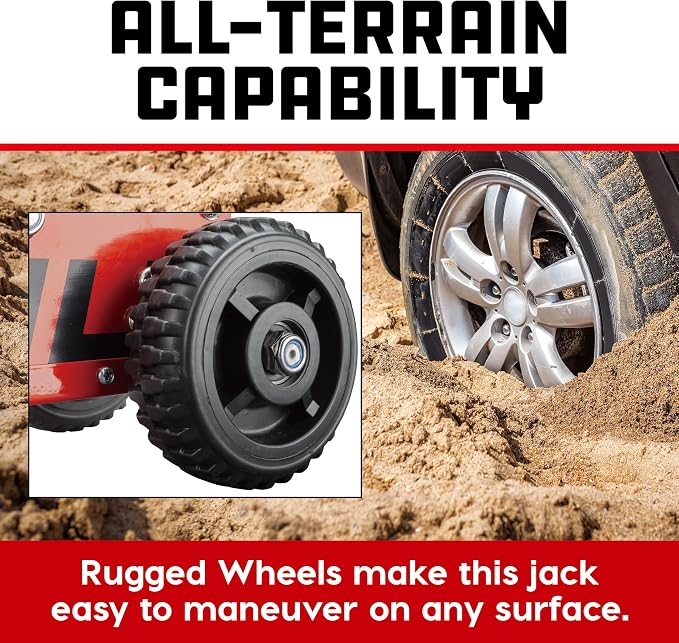 Powerbuilt 1.5 Ton Big Wheel Off Road Jack, Vehicle Lift for Trucks, SUVs, ATVs Offroad Vehicles, Oversized Wheels for Rugged Terrain, 3000 LB Capacity, Orange 620704ECE
