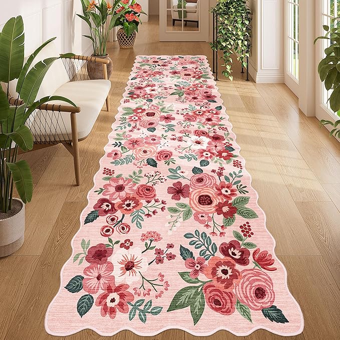 DUKINO 3x10 Washable Runner Rug, Non Slip Floral Ultra Soft Runner for Hallway, Lightweight Low Pile & Stain Resistant Long Throw Carpet for Kitchen, Bathroom, Entrance, Bedroom, Kids Room, Pink