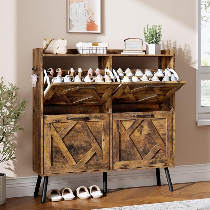 Nicetree Shoe Cabinet Storage for Entryway, Freestanding Shoe Storage Cabinet, Farmhouse Narrow Shoe Rack Cabinet for Entryway, Foyer, Hallway, Shoe Cabinet 4 Flip Drawers, Rustic Brown