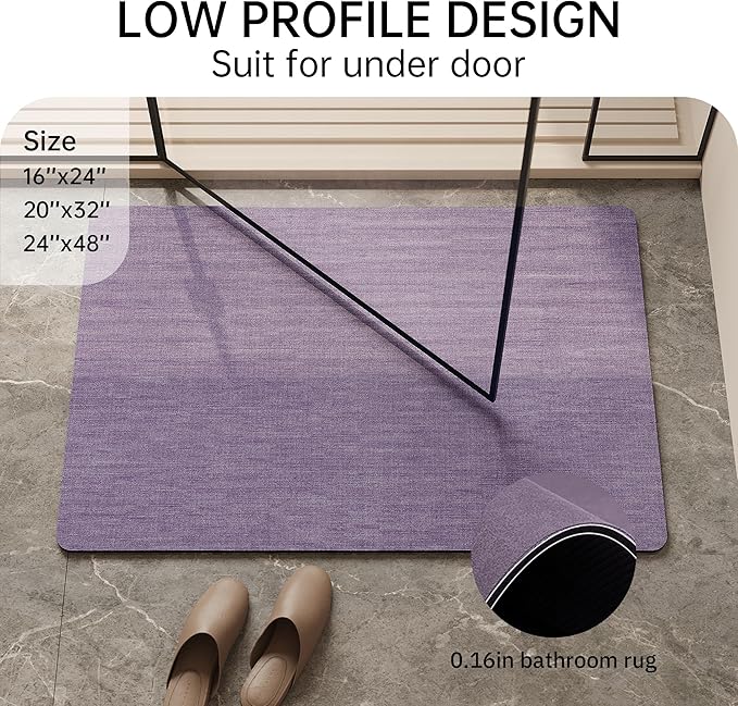 Mecko Bath Mat, Ultra Absorbent Quick Dry Bathroom Floor Mats-Rubber Non-Slip Thin Bathroom Rug Fit Under Door, Faux Suede Surface Shower Rug for Bathtub, Sink, Shower Room(Lavender Purple,16"x24")