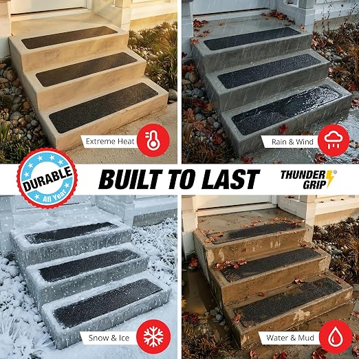 Thunder Grip Outdoor Stair Treads Non Slip 24" x 4" - 15-Pack Weather Resistant Exterior Grip Tape for Wooden Steps - Anti Skid Strips - Waterproof 80-Grit Adhesive Treads