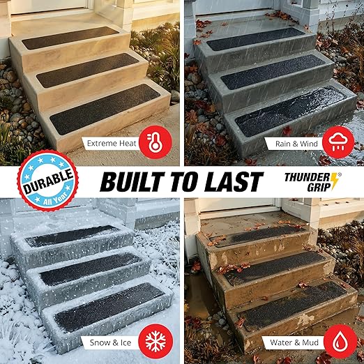 THUNDER GRIP Outdoor Stair Treads Non Slip 30" x 8" - 15-Pack Weather Resistant Exterior Grip Tape for Wooden Steps - Non Slip Stair Treads - Anti Skid Strips - Waterproof 80-Grit Adhesive Treads