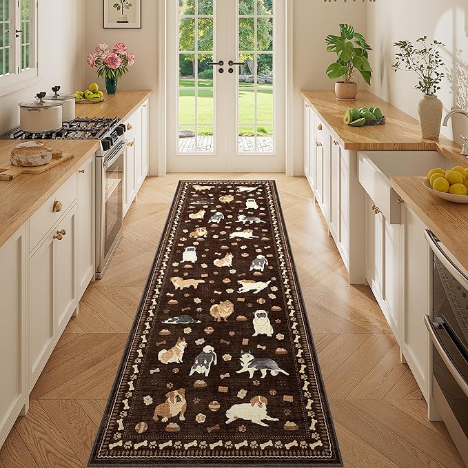 DUKINO 2x10 Runner Rug for Hallway, Washable Animal Dog Print Kitchen Rug with Low Pile, Soft Non Slip Indoor Non Shedding Long Carpet Runner for Entryway, Bedroom, Bathroom, Laundry, Brown