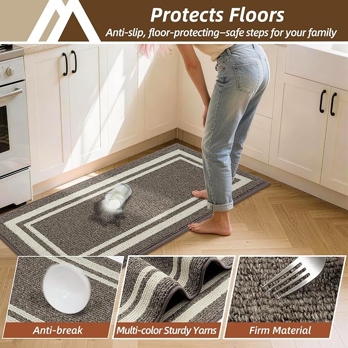 COSY HOMEER Kitchen Rugs Sets 2PCS,Non-Slip Washable Kitchen Mats for Floor,Absorbent and Stain Resistant Kitchen Runner Rugs for Kitchen Sink Laundry Entryway,24"x35"+24"x60",Brown