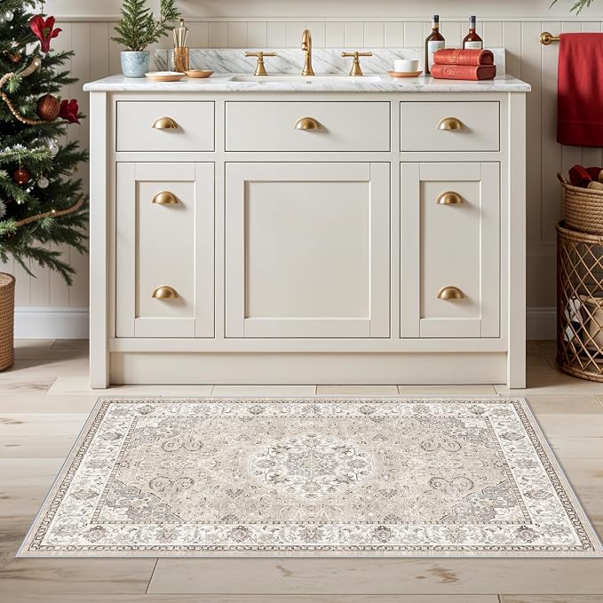 Washable 2x4 Entryway Area Rugs: Vintage Water Resistant Kitchen Rug Non-Slip Durable Doormat Ultra Soft Living Room Bedroom Carpet Indoor Low Pile Floor Mat for Bathroom Dining Room(2x4,Beige)
