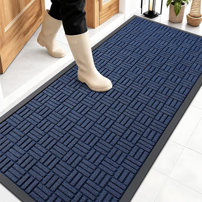 OLANLY Front Door Mat Outside Entrance 59x23, Absorbent, Heavy Duty Sturdy Natural Rubber Doormat Indoor Outdoor, Non-Slip, Stain and Fade Resistant, Low Profile Floor Mat for Entryway, Navy Blue